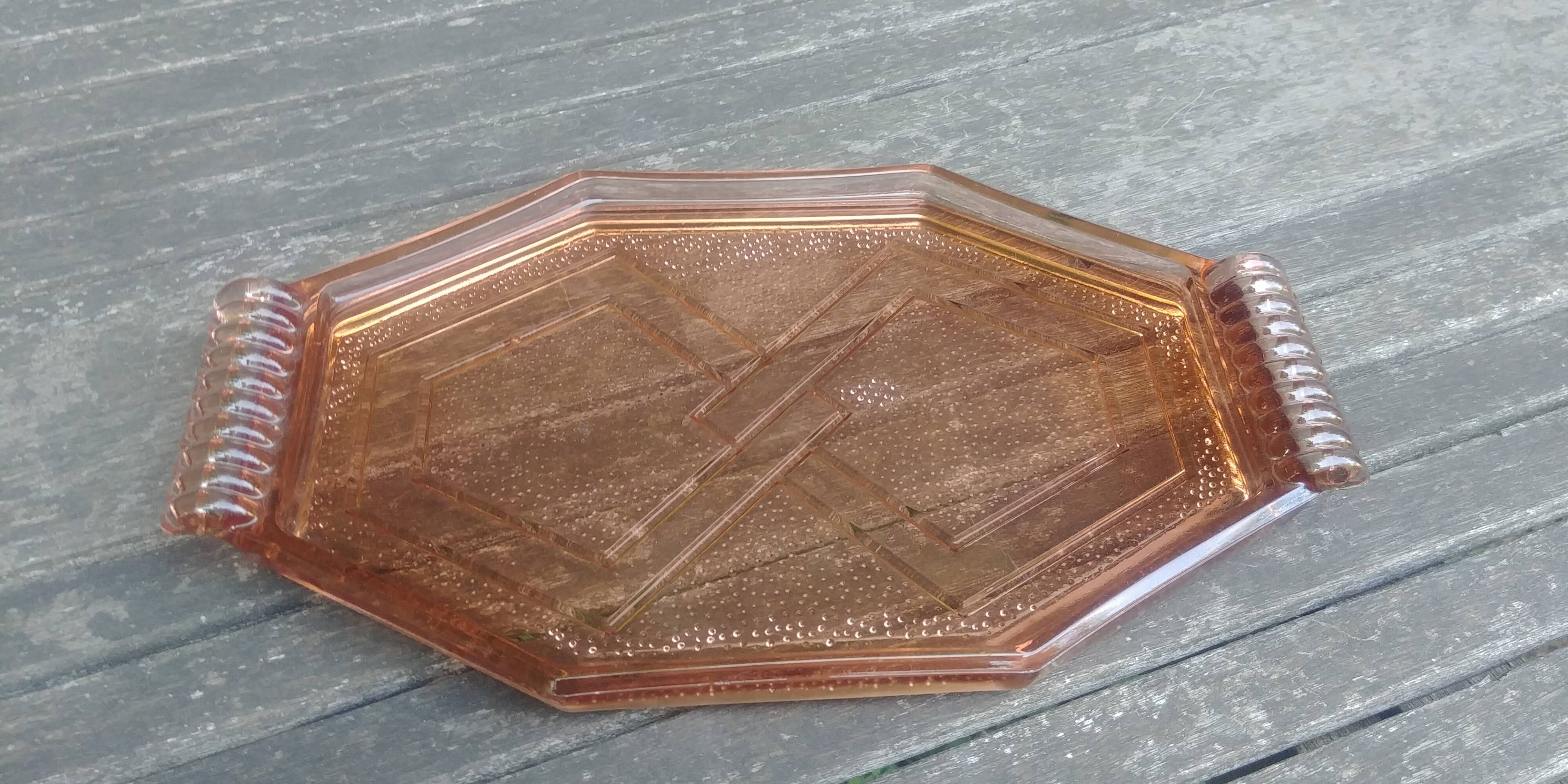 Old pink glass serving tray geometric shape 1950s