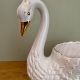 Vintage swan pot cover in white and gold ceramic