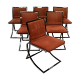 Suite de 6 chaises en métal chromé et feutrine brique 1970