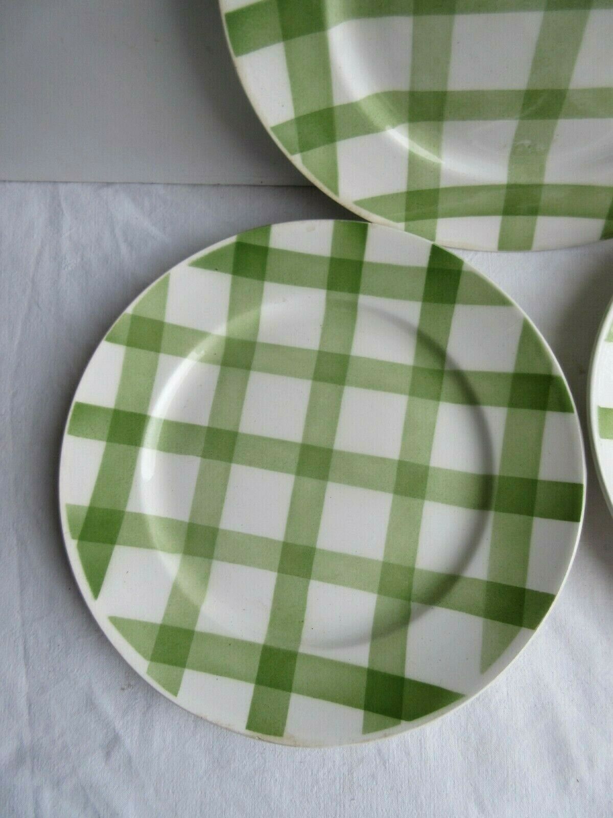3 flat plates vintage art deco style, green checkered, Moulins des Loups