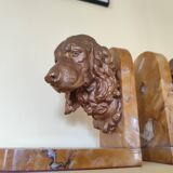 Pair of dog head bookends in spelter on marble slab, signed Lecourtier - sculptures
