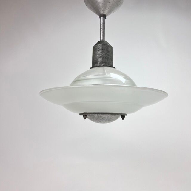 Art deco glass and steel ceiling lamp, 1920