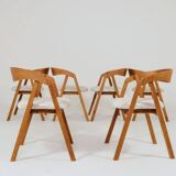 Set of 6 rustic oak wood dining chairs in safari beige.