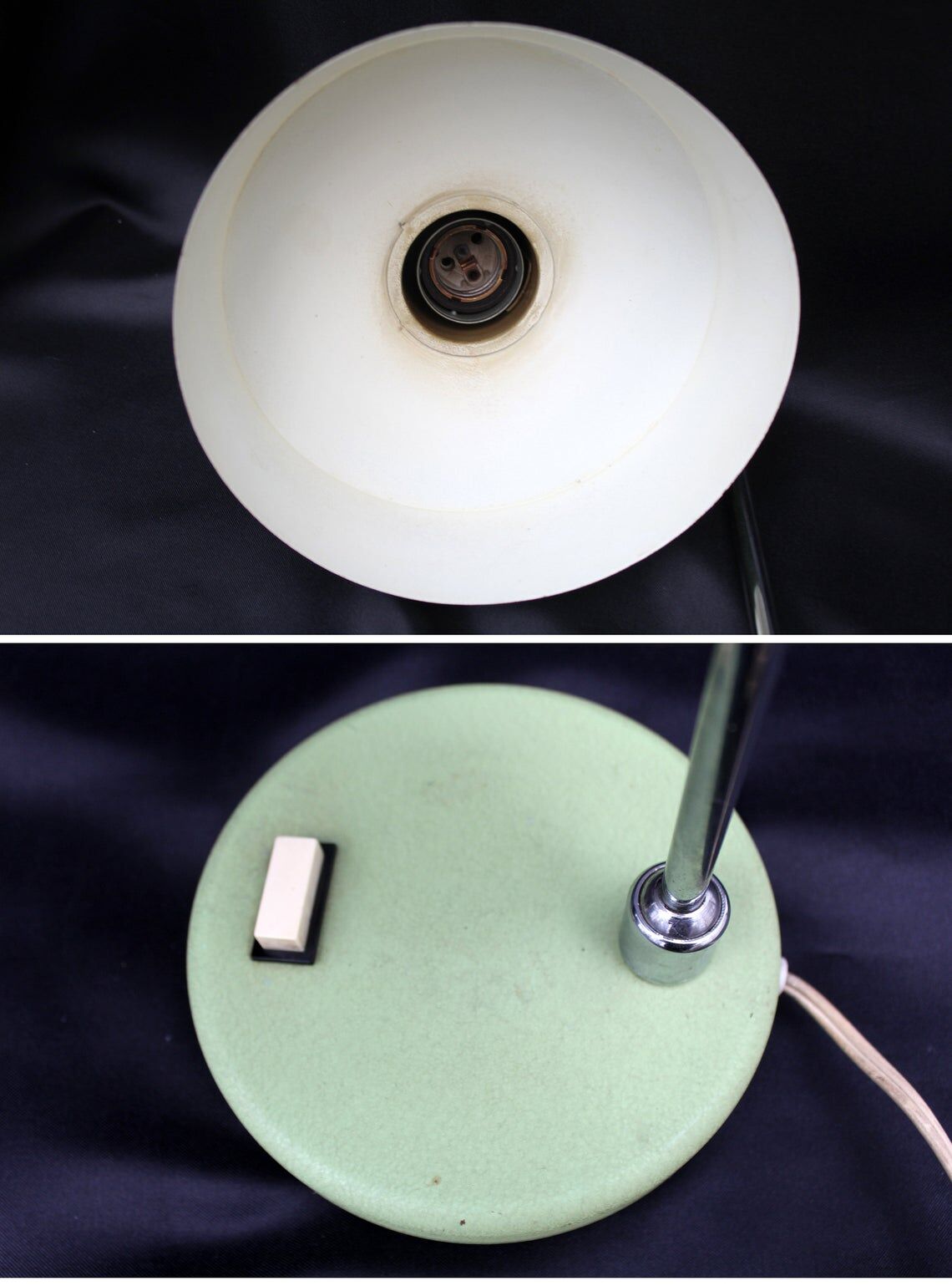 Vintage industrial table lamp, aluminum green shade and base, flexible shade and neck