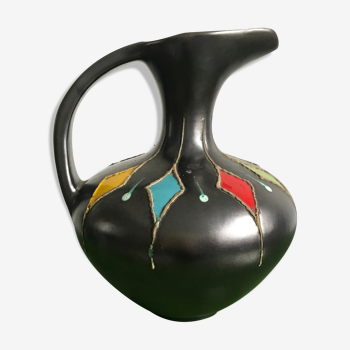 Pichet céramique noire année 50/60 à décor de losanges colorés