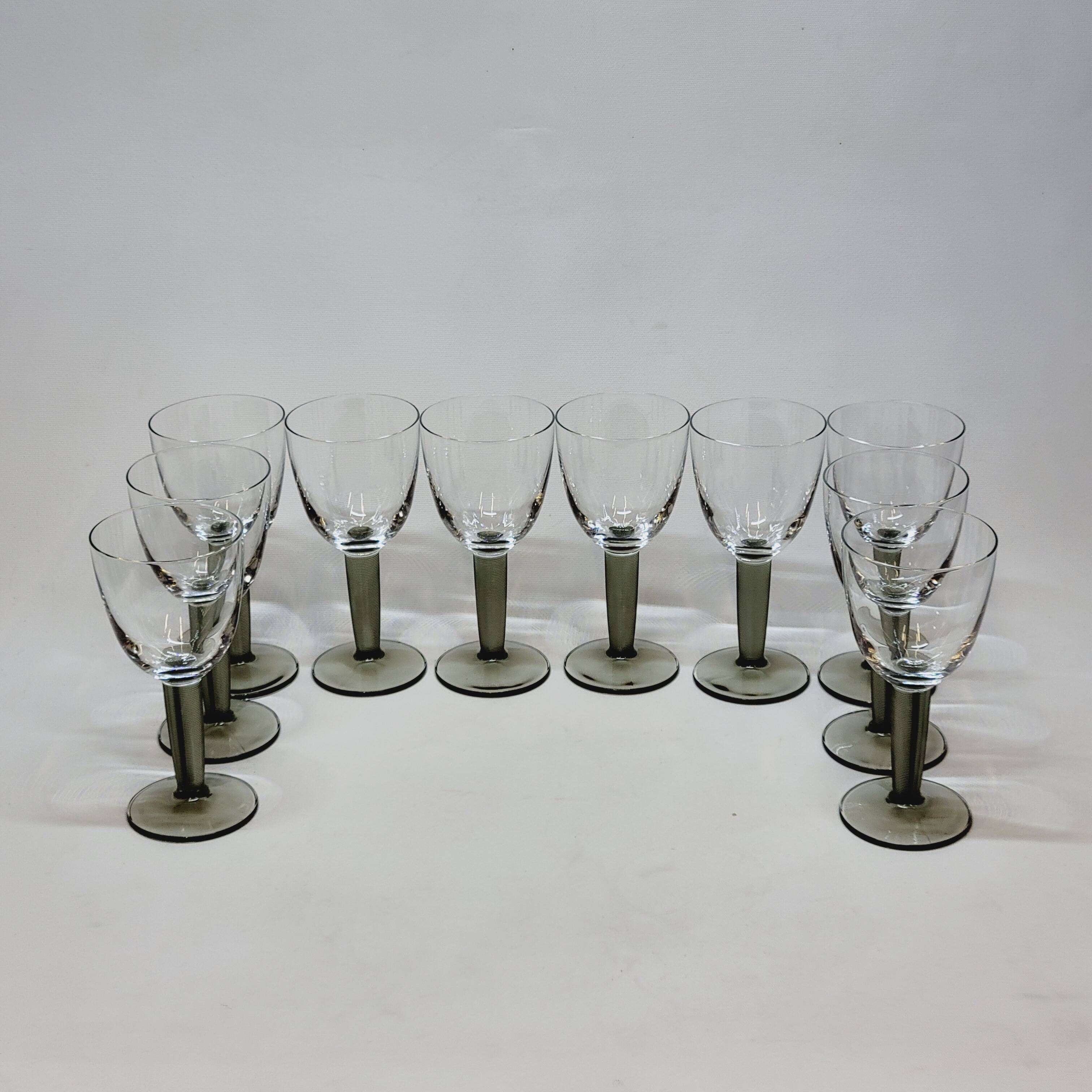 10 Bormioli Rocco Vintage Crystal Wine Glasses with Grooved Grey Stem