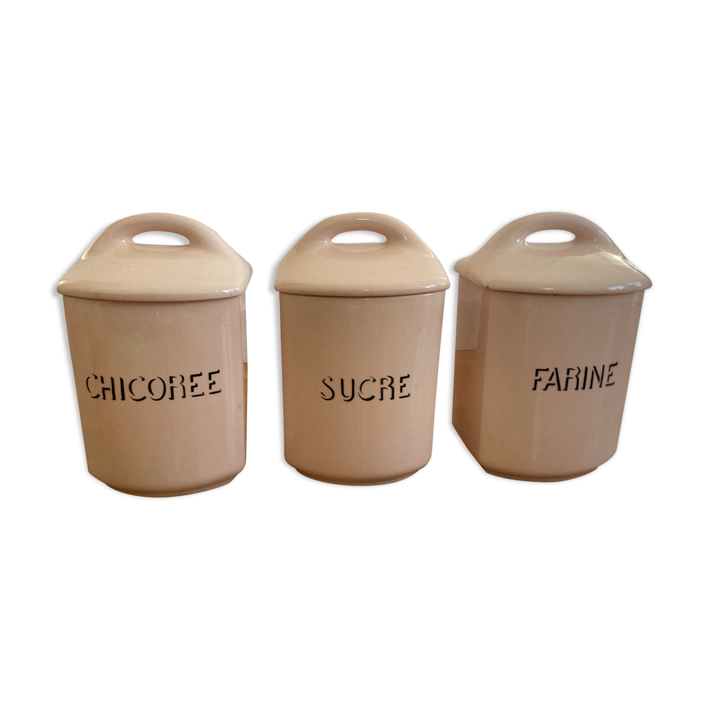 3 antique spice pots in pale pink earthenware from saint amandinoise