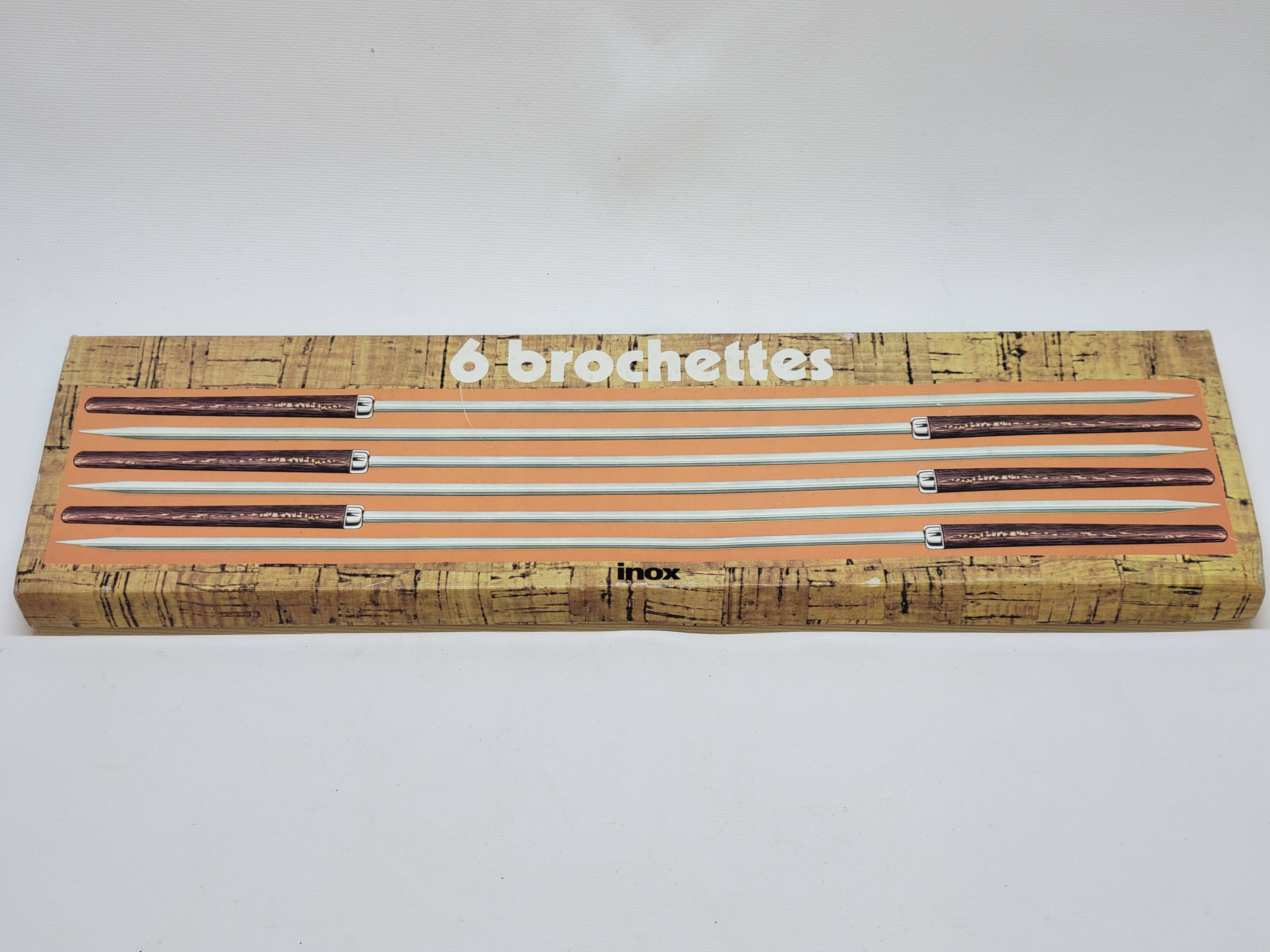 Set of 6 vintage skewers in stainless steel and wood in their box