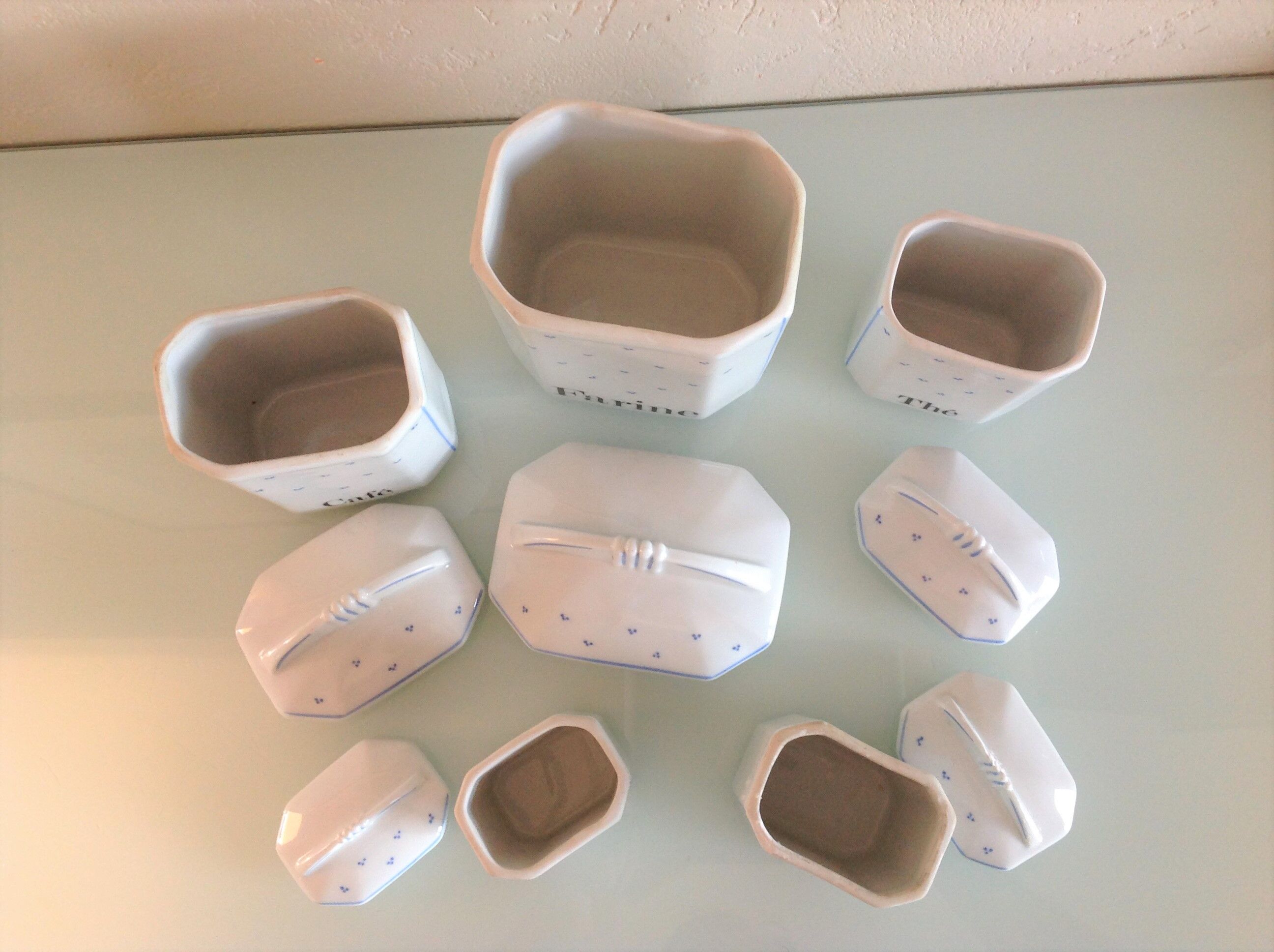 Suite of five Apilco porcelain spice jars / vintage 70s