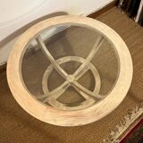 Oval patinated wood and beveled glass coffee table