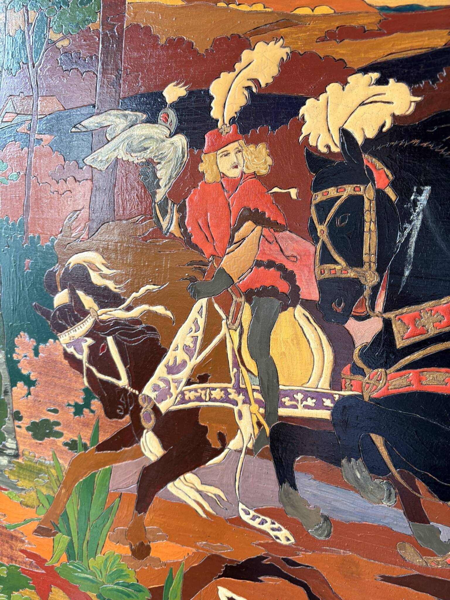 Table Painting Wood Carving Hunting Scene Dog Signed 130x70