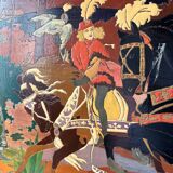 Table Painting Wood Carving Hunting Scene Dog Signed 130x70