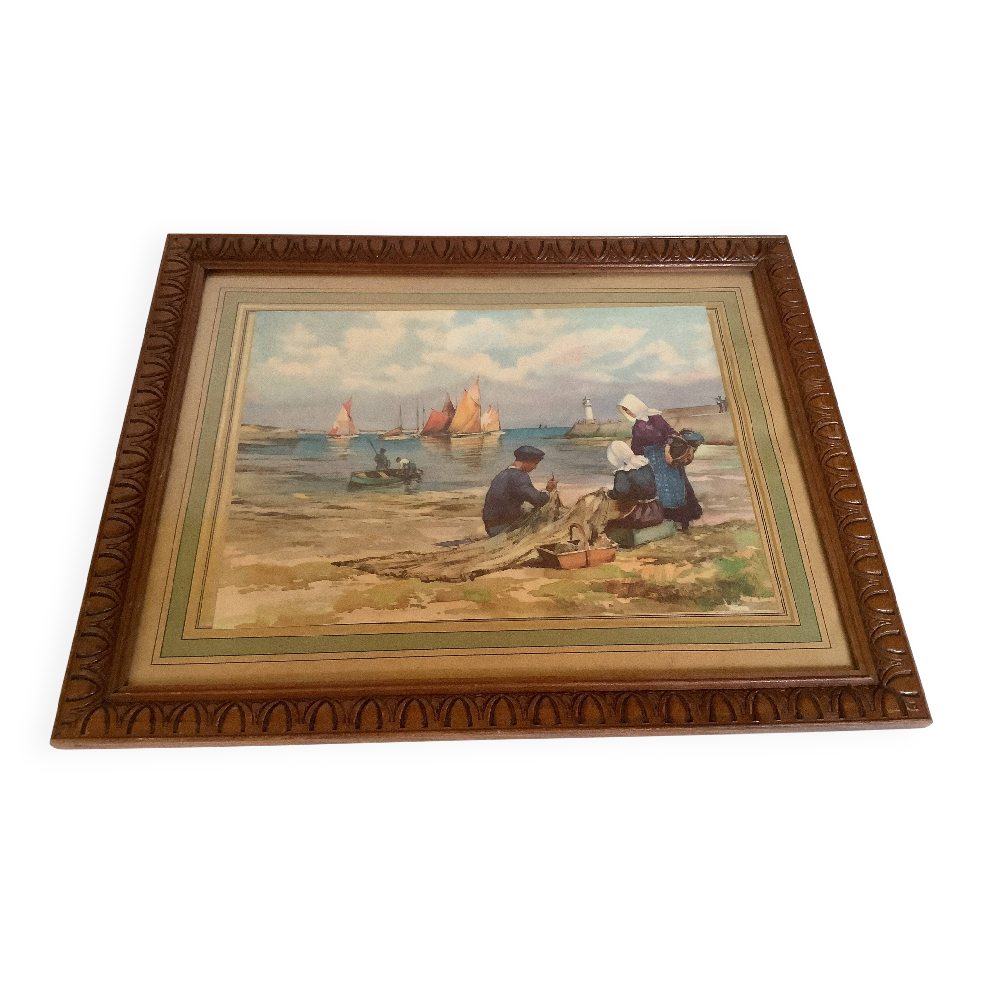 Large marine painting of fishermen and boats.