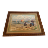 Large marine painting of fishermen and boats.