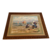 Large marine painting of fishermen and boats.