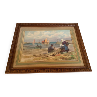 Large marine painting of fishermen and boats.