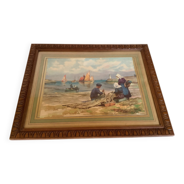 Large marine painting of fishermen and boats.