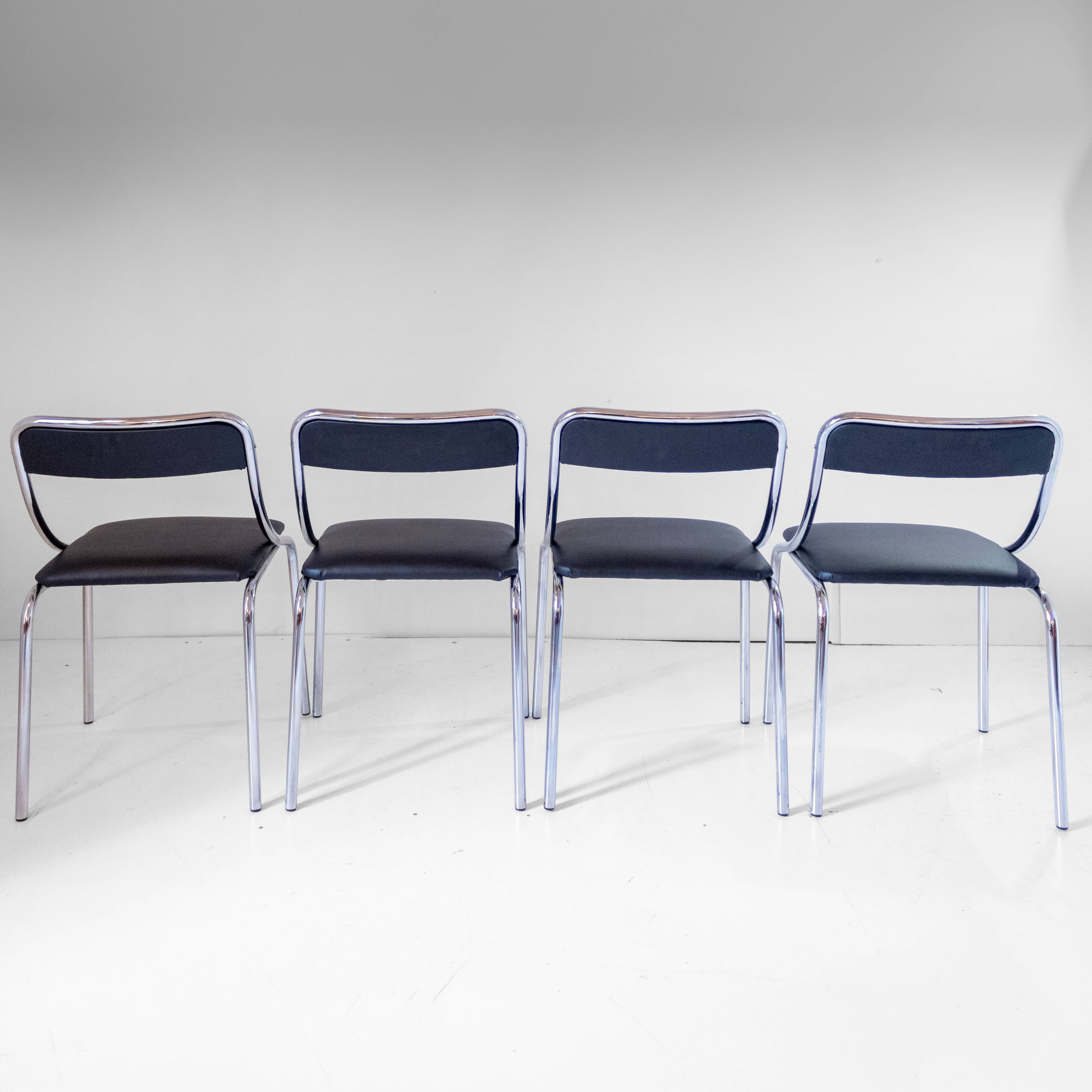 Set of Four Vintage Chromed Dining Chairs, Faux Leather, Italy, 1970