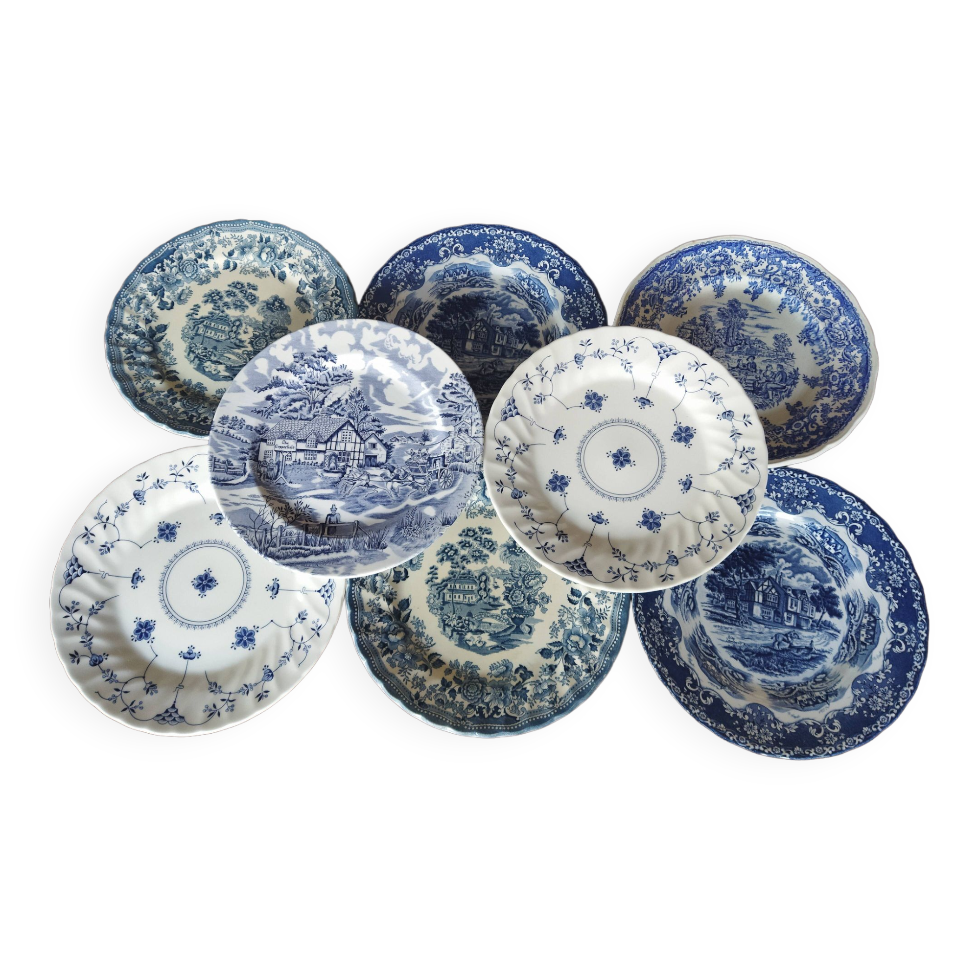 8 blue & white English dinner plates (Myott Meakin WH Grindley KG Luneville)