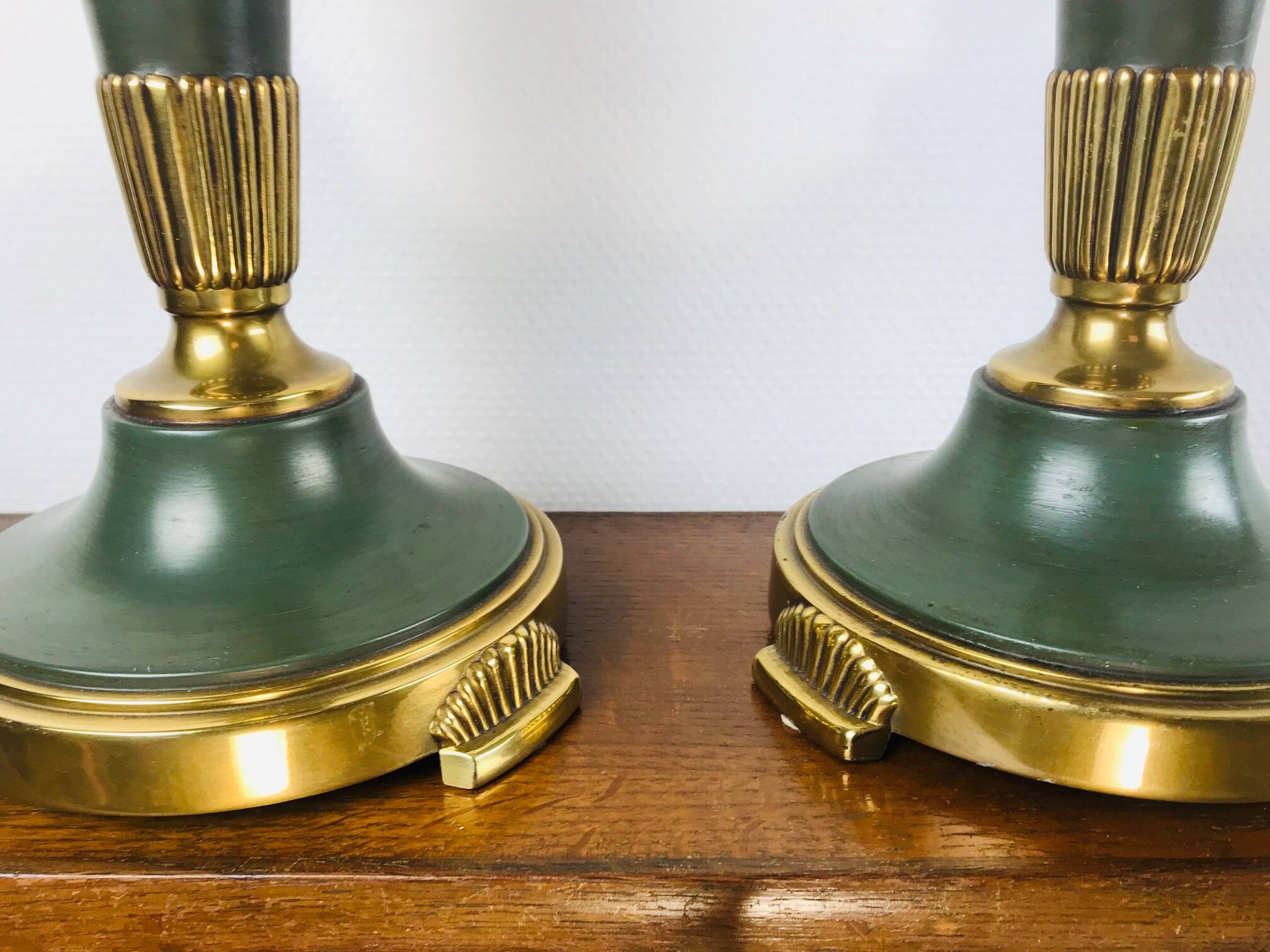 Vintage dutch brass and green table lamps from kullmann, 1970s, set of 2 table lamps. baroque