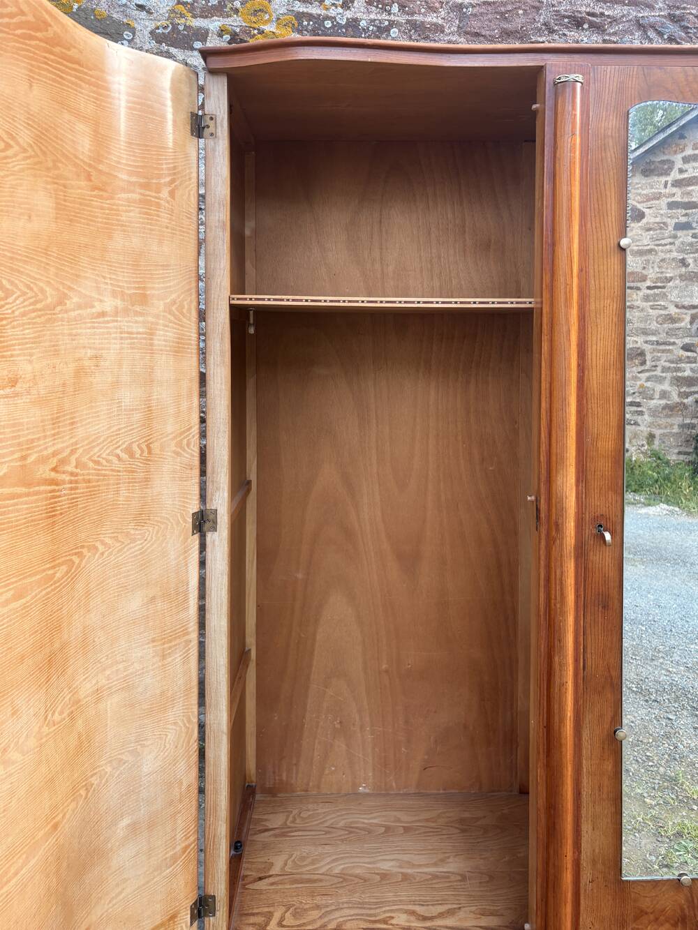 Art Deco wardrobe in flame walnut with central mirror – French elegance