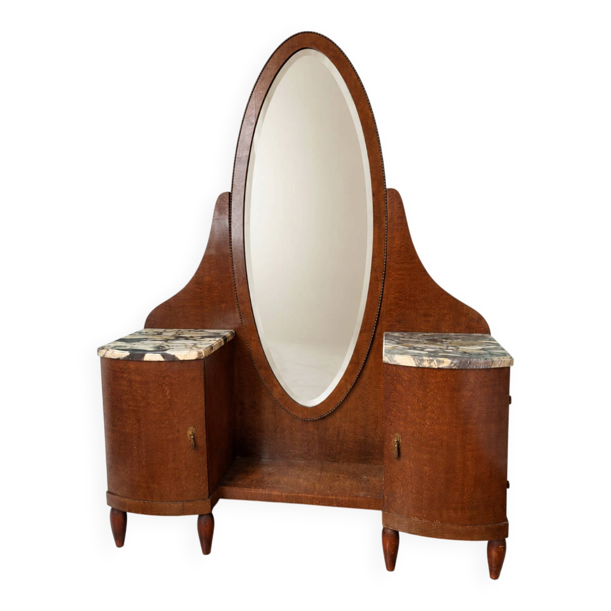 Art Deco dressing table in wood and marble, large oval mirror, 1930s-40s.