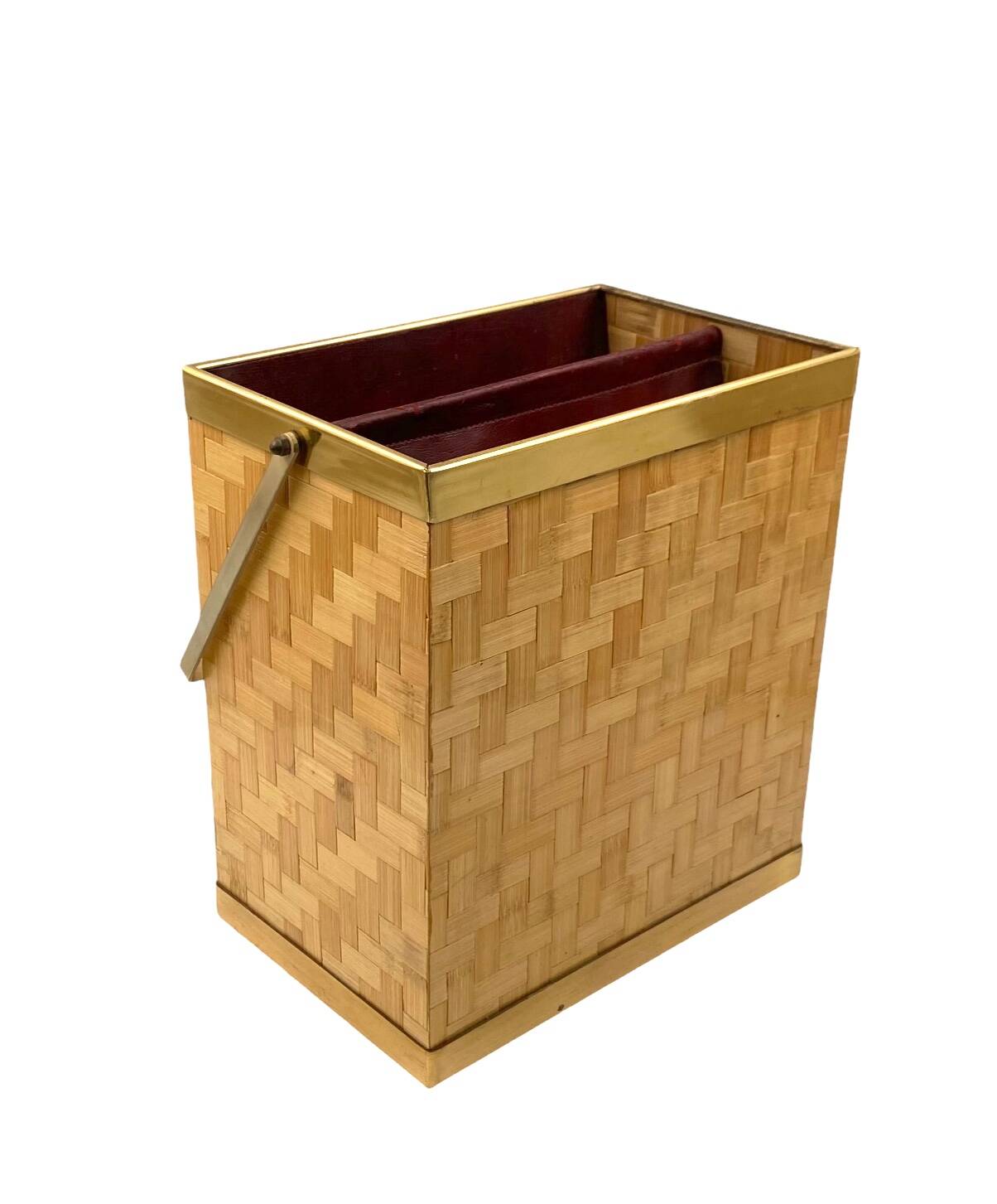 Hollywood regency brass and woven bamboo magazine rack, Metal Linea Nova Italy 1970