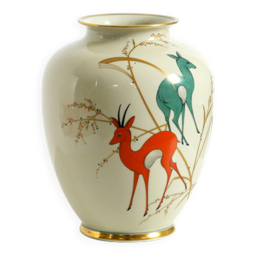 Vase en porcelaine des années 40 avec des motifs animaliers peints à la main de PMR Bavaria Jaeger.