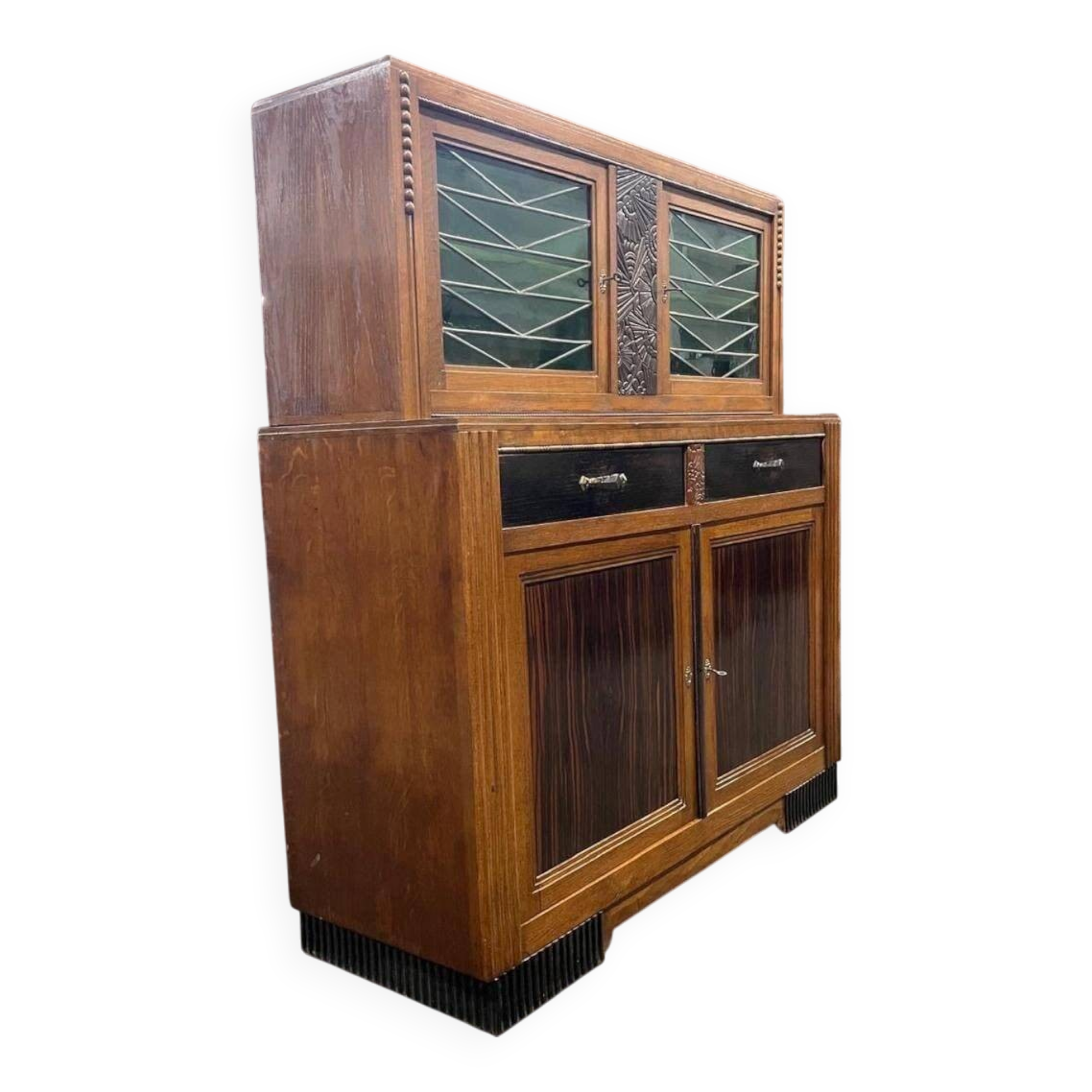 Vintage Art Deco display cabinet in wood with green stained glass.