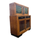 Vintage Art Deco display cabinet in wood with green stained glass.