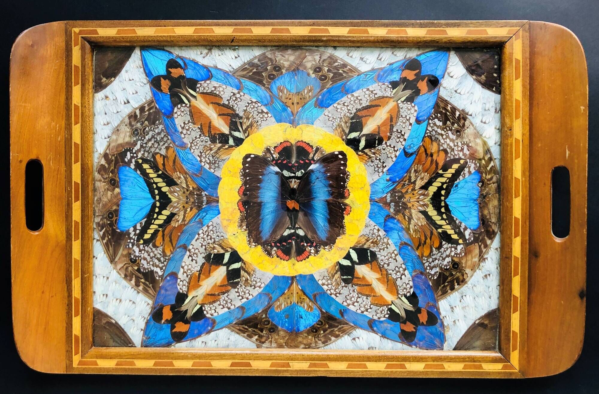 Plateau vintage en bois à décor en ailes de papillons