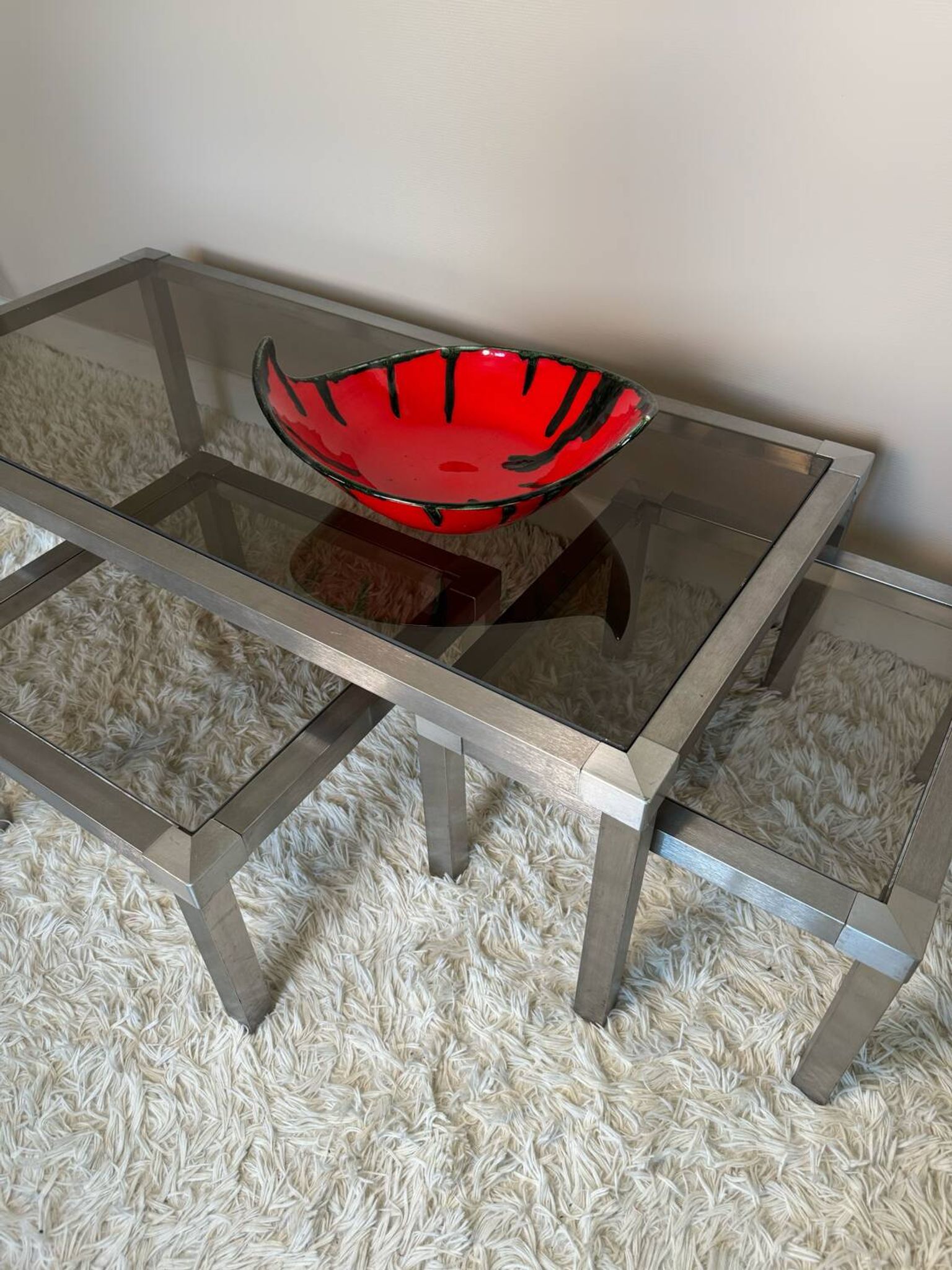 Table basse acier brossé design années 70 et gigognes