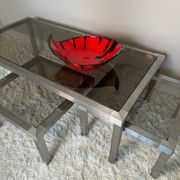 Table basse acier brossé design années 70 et gigognes