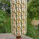 Vintage brutalist wooden table lamp, space age printed lampshade