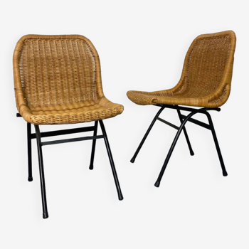 Set of 2 mid-century modernist wicker and black steel dining chairs, 1950s