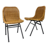 Set of 2 mid-century modernist wicker and black steel dining chairs, 1950s