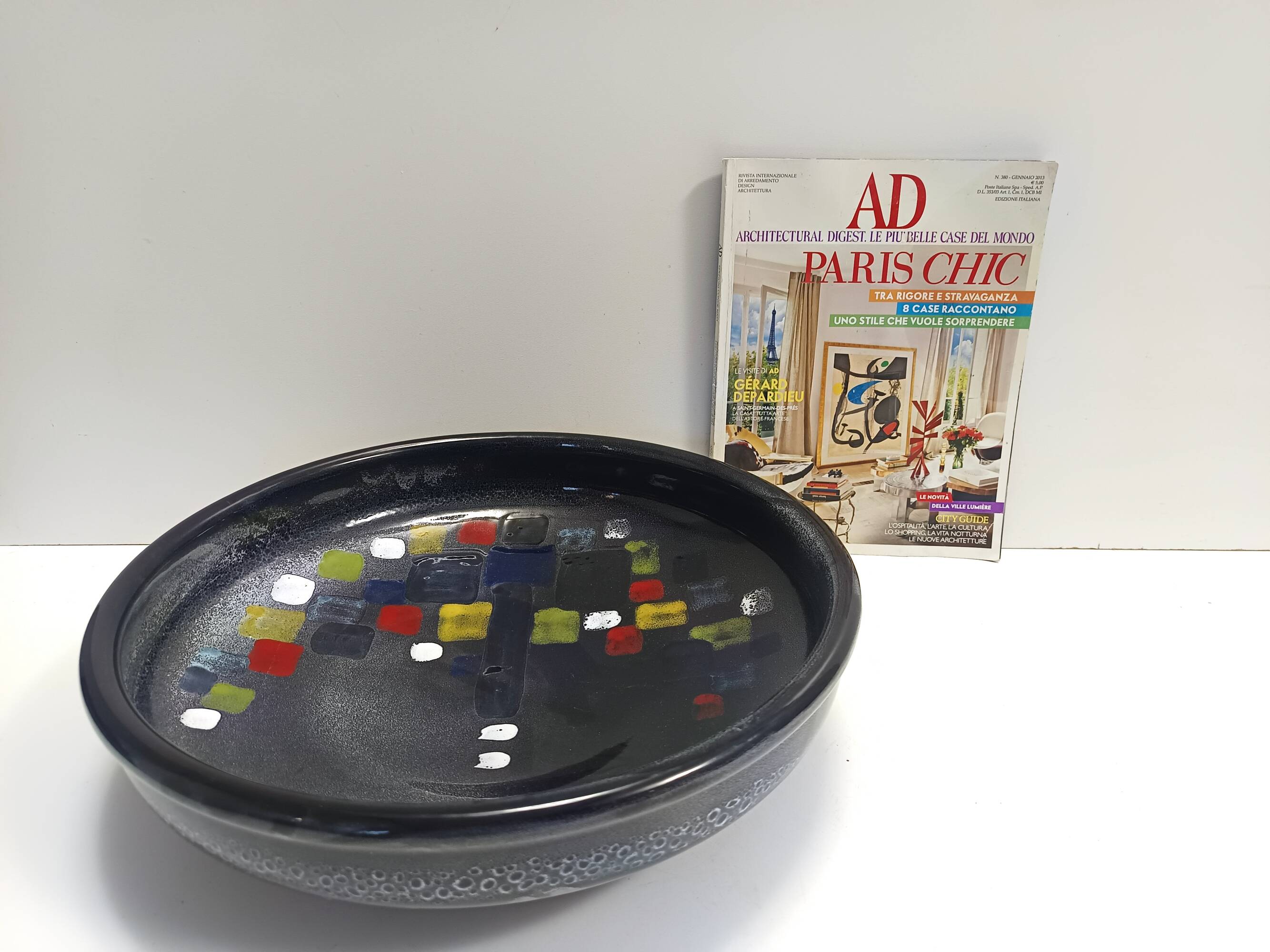 Lacquered Black with Colored Details Ceramic Vide-Poche by Ars Deruta, Ital