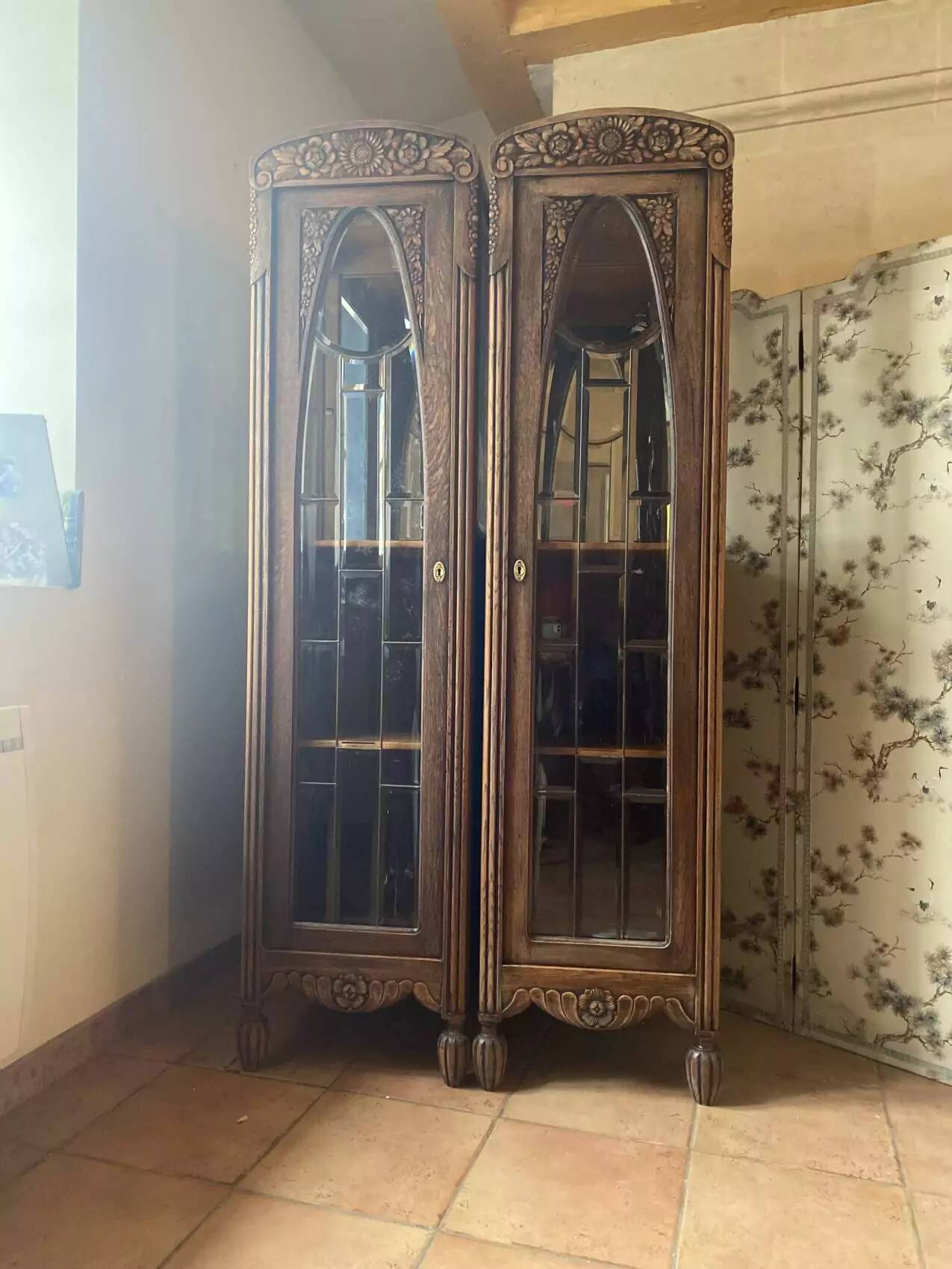 Pair of Art Deco display cabinets in solid oak