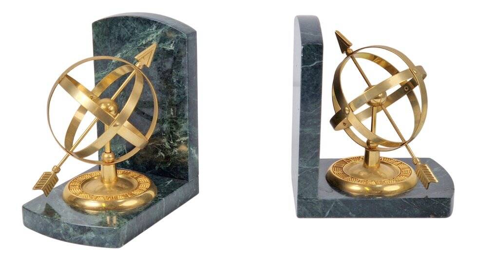 Nautical Brass & Marble Sundial Bookends, Set of 2
