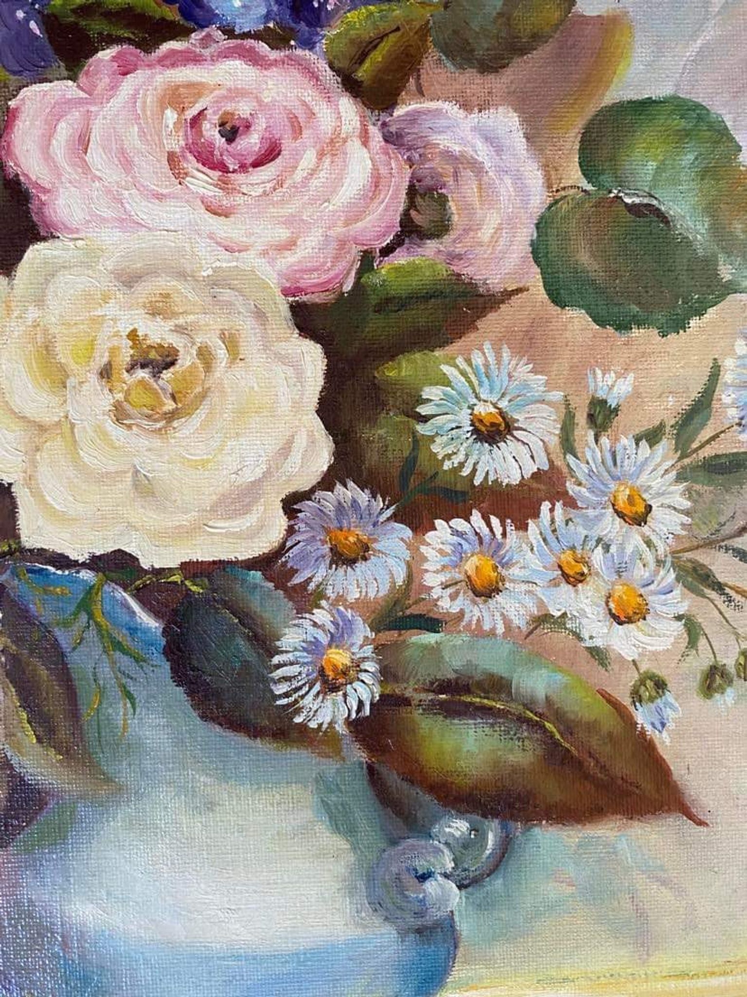 Oil painting bouquet of flowers in a vase.