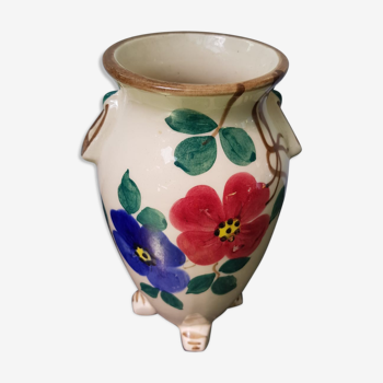 Ancien vase à anses céramique blanc & décor fleurs vintage