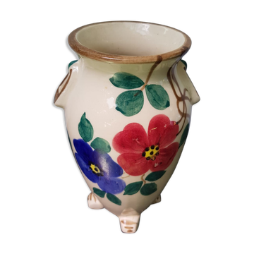 Ancien vase à anses céramique blanc & décor fleurs vintage