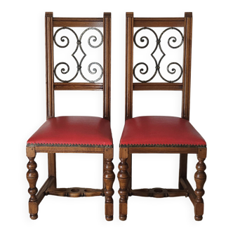 Pair of antique wrought iron wooden chairs
