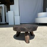 Small tripod stool low in dark brown upcycled teak