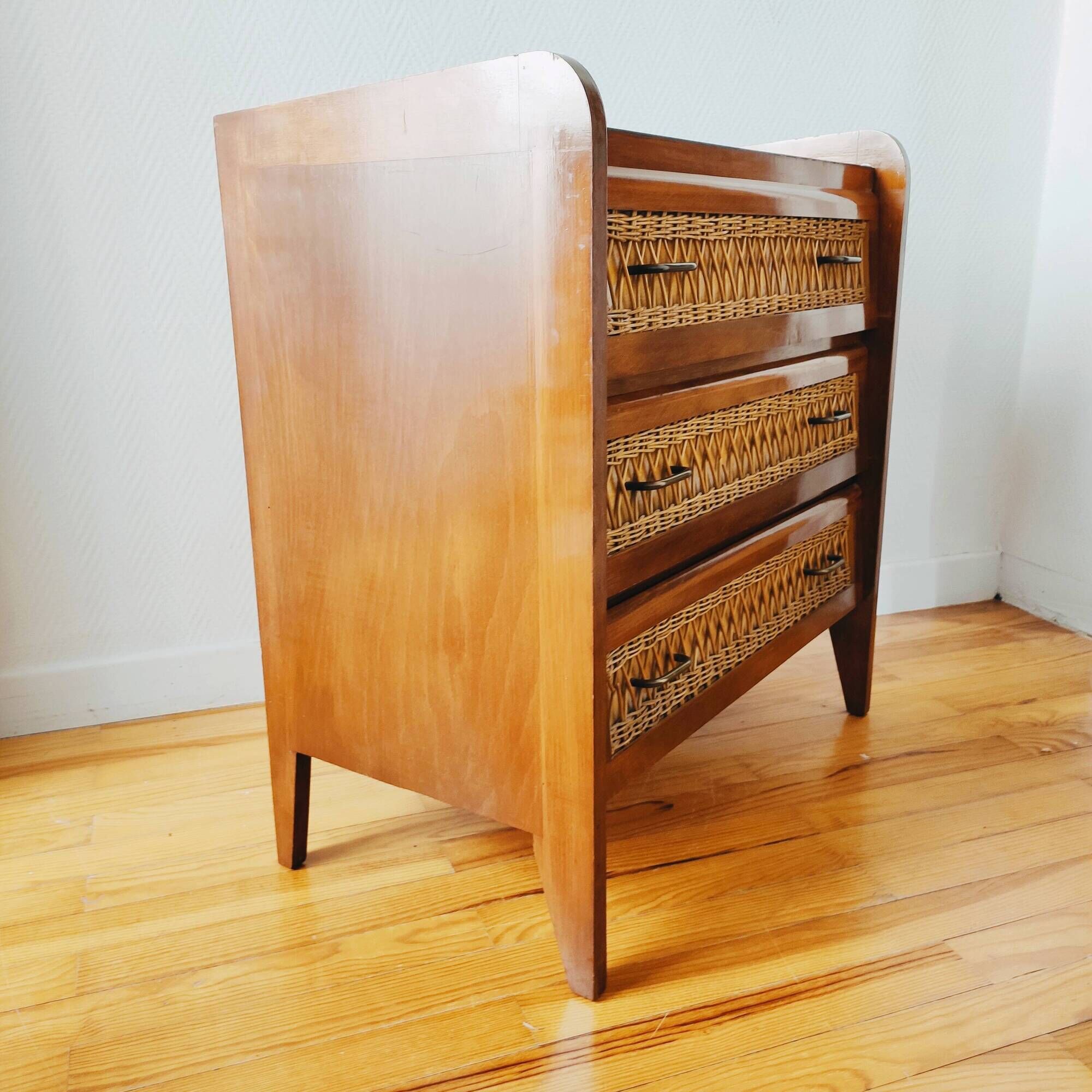 Vintage 1950 wood and rattan chest of drawers