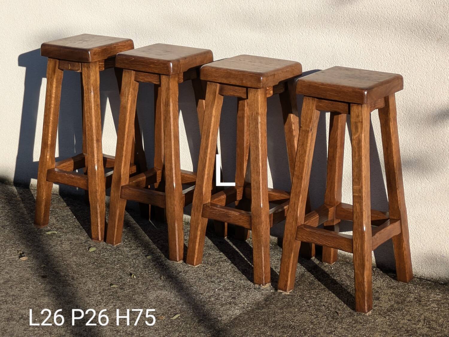 4 Bar Stools, Brutalist Solid Wood Vintage