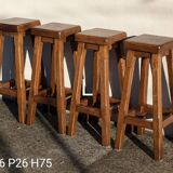 4 Bar Stools, Brutalist Solid Wood Vintage