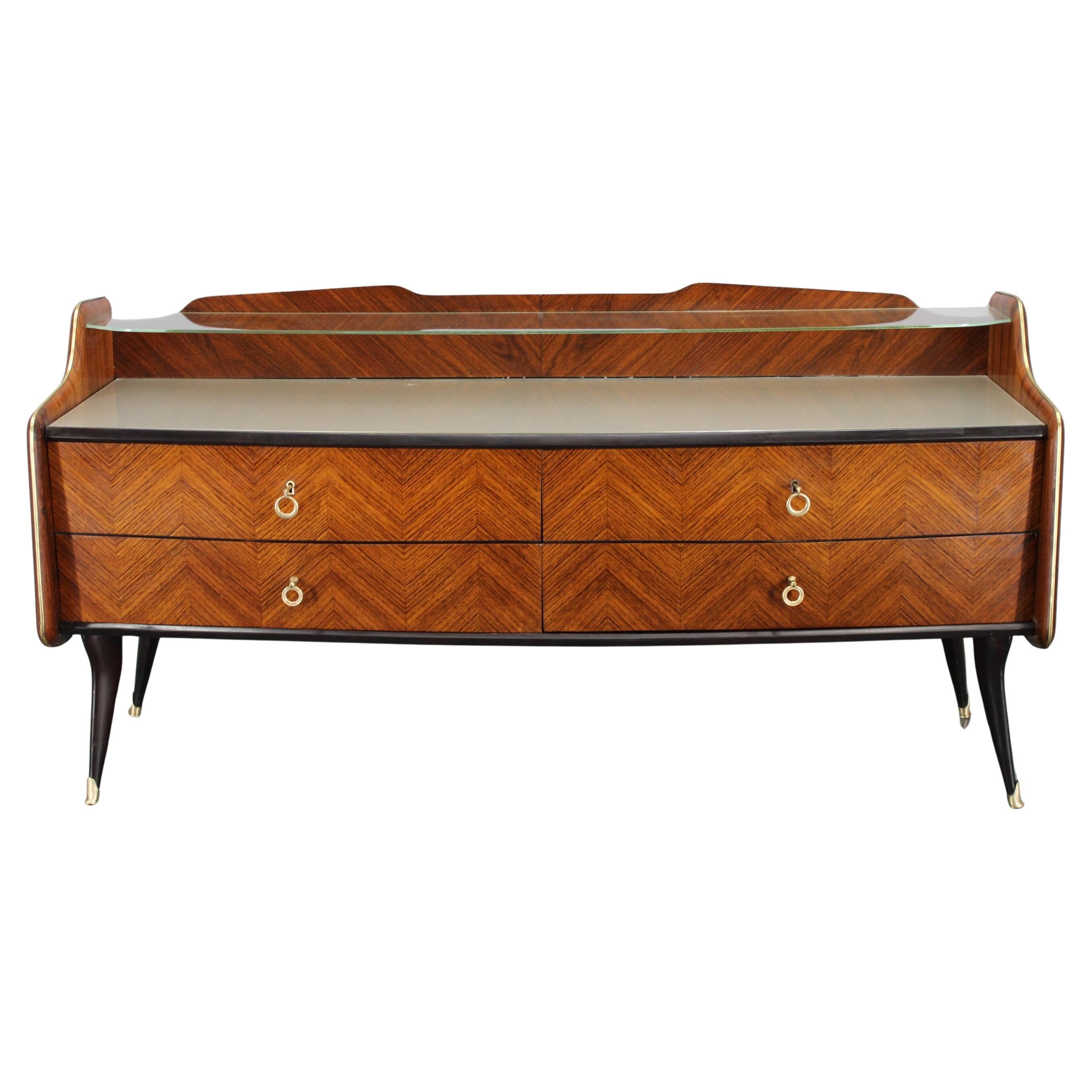 Buffet italien organique des années 1950 avec plateau en verre et 4 tiroirs