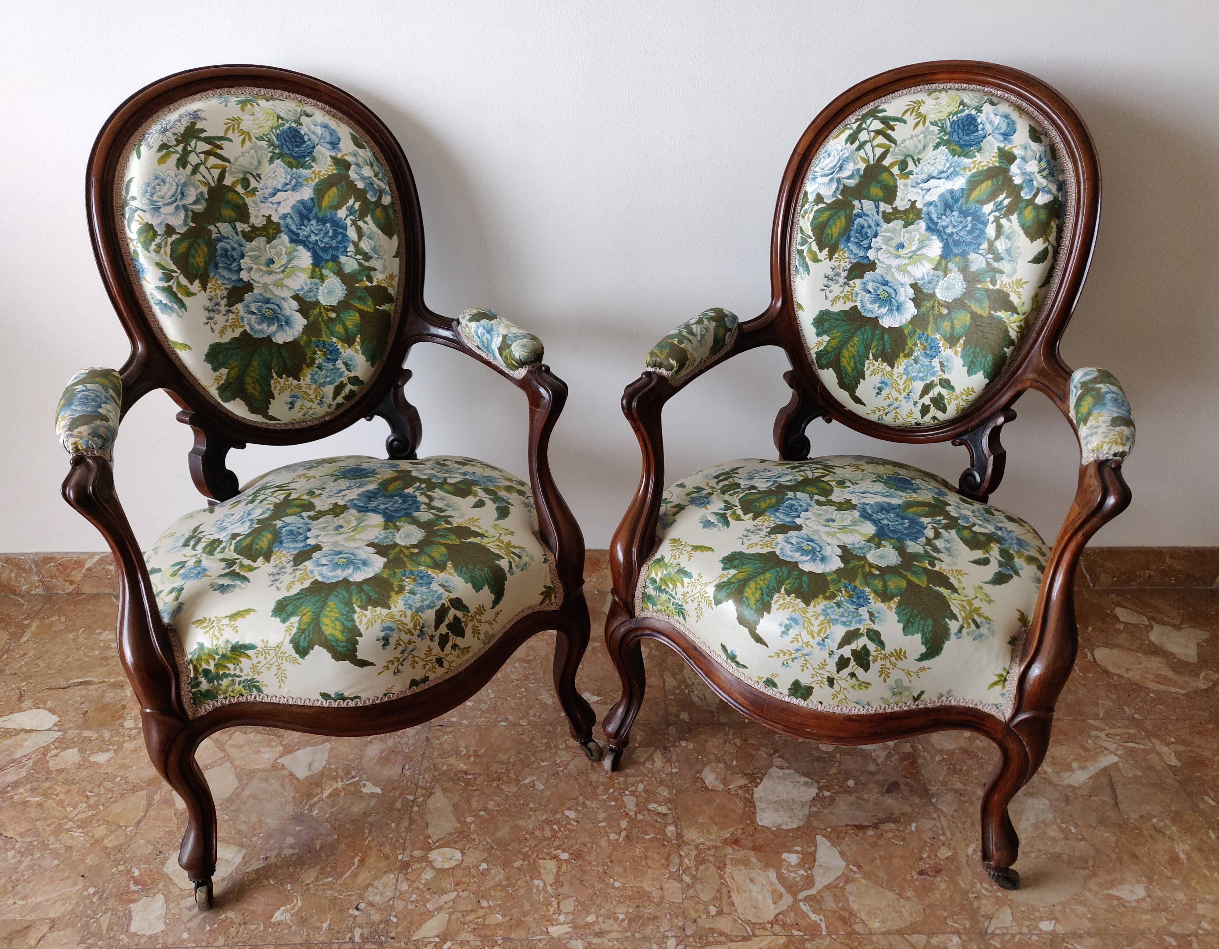 Pair armchairs Louis Philippe solid floral mahogany
