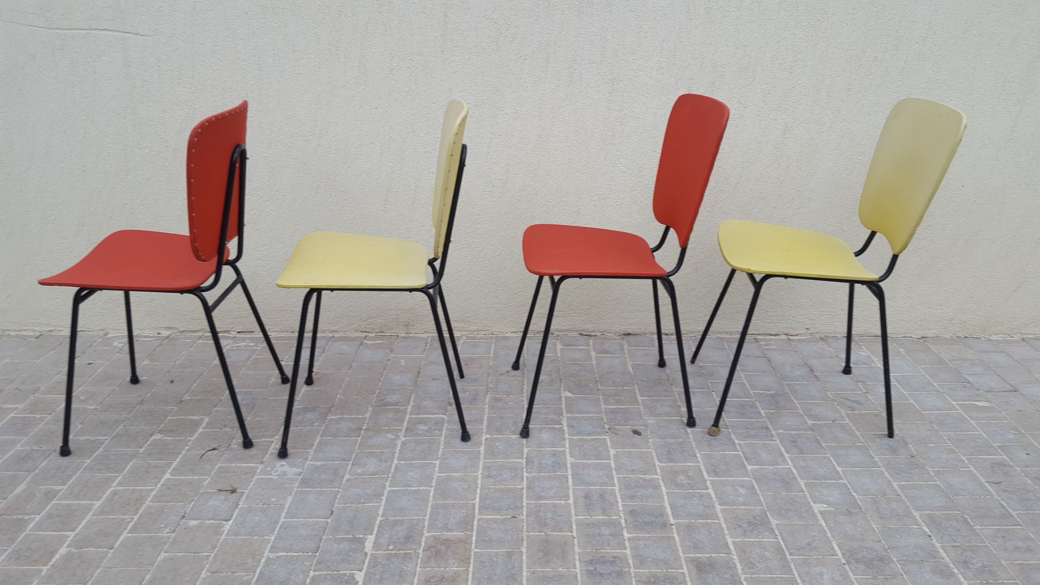 4 vintage metal tubular feet chairs, vinyl seating, skai